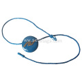 Blue round plastic tag with black bead